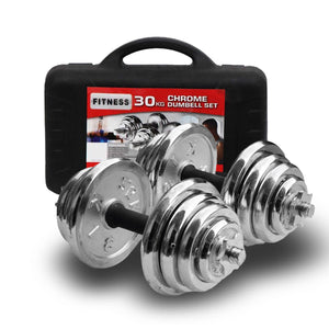 30kg chrome dumbbell set from Online Fitness Depot with fitness case, ideal for home gym strength training and free weight workouts.
