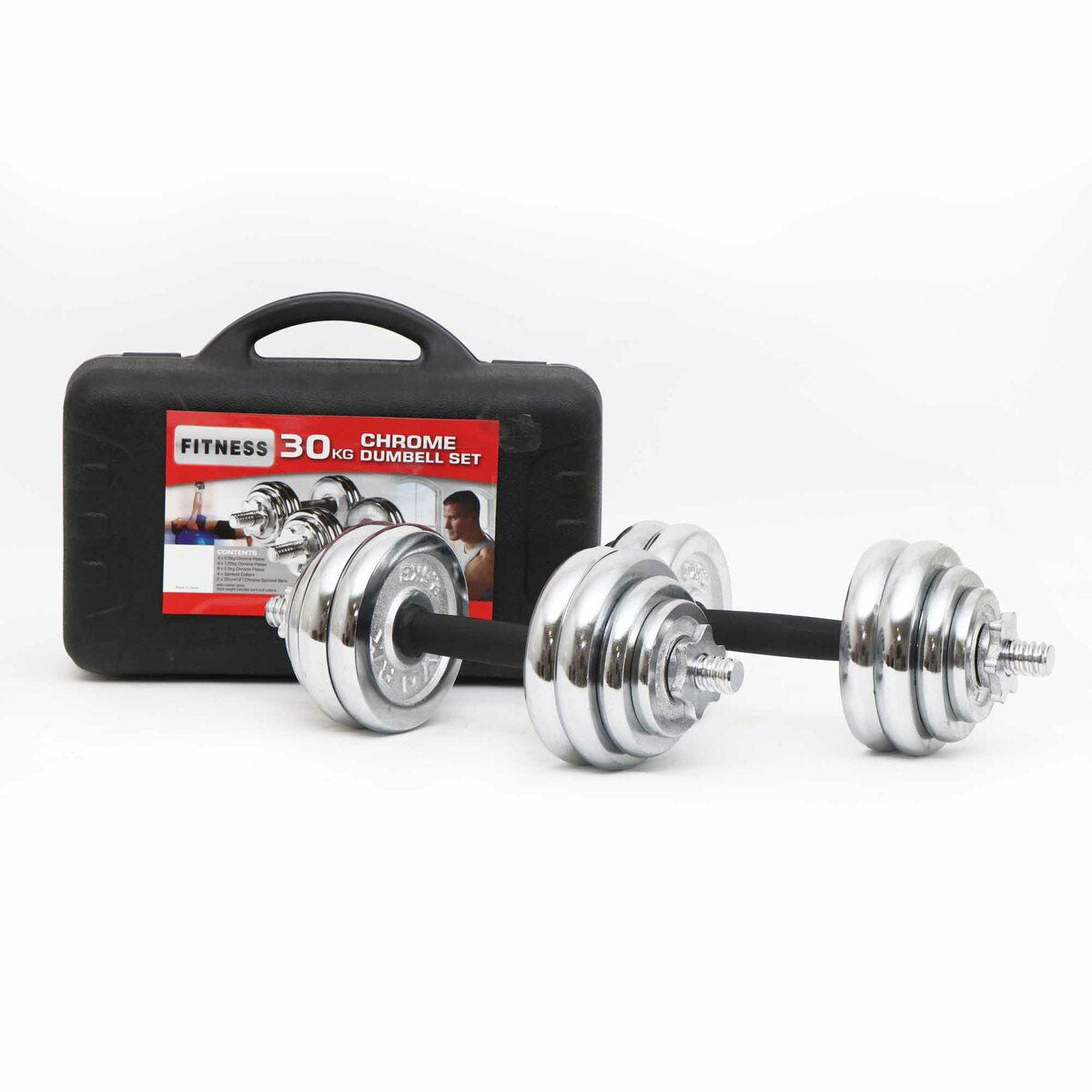 30kg chrome dumbbell set for home gym training, includes free weights and storage case by Online Fitness Depot.