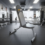 Adjustable FID flat incline decline bench press by Online Fitness Depot, with padded seat and multiple position settings.
