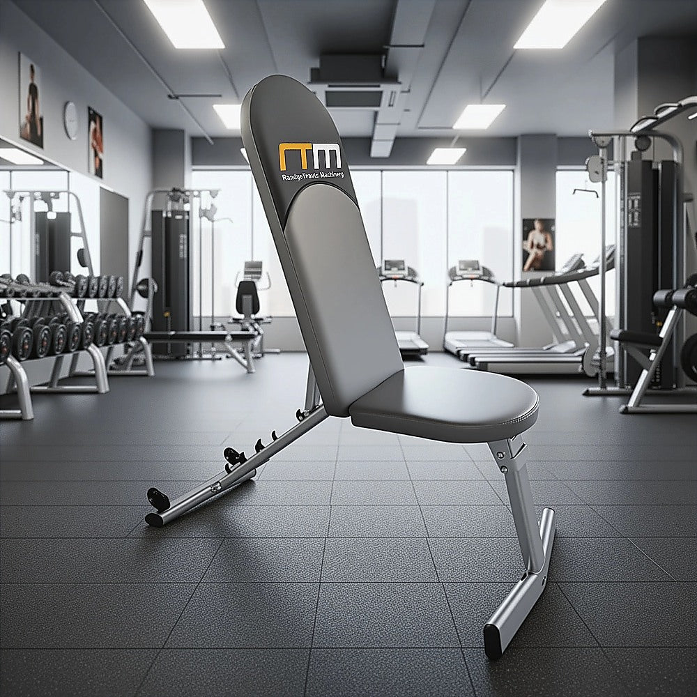 Adjustable FID flat incline decline bench press by Online Fitness Depot, with padded seat and multiple position settings.