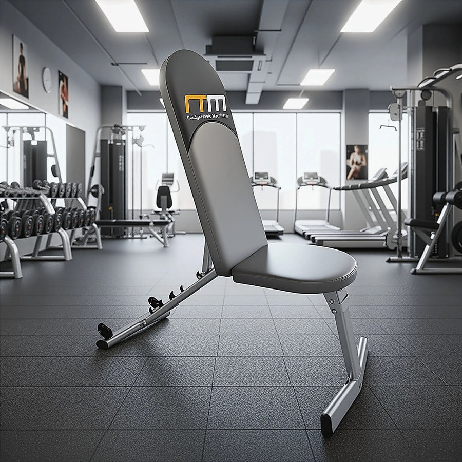 Adjustable FID flat incline decline bench press by Online Fitness Depot, with padded seat and multiple position settings.