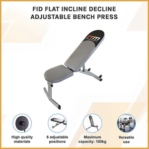 Adjustable FID flat incline decline gym bench for strength training, featuring padded support and multiple incline positions.