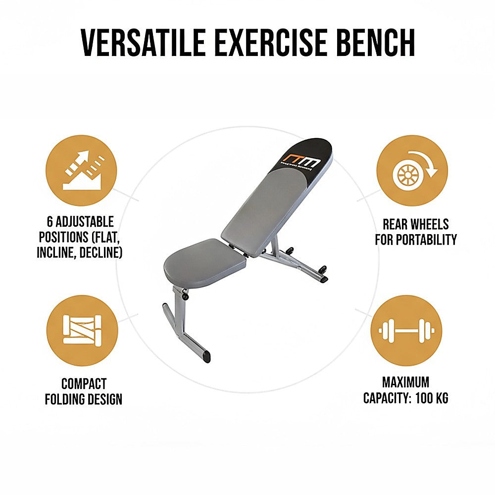 Adjustable FID flat incline decline gym bench by Online Fitness Depot with padded seat and backrest, ideal for strength training.