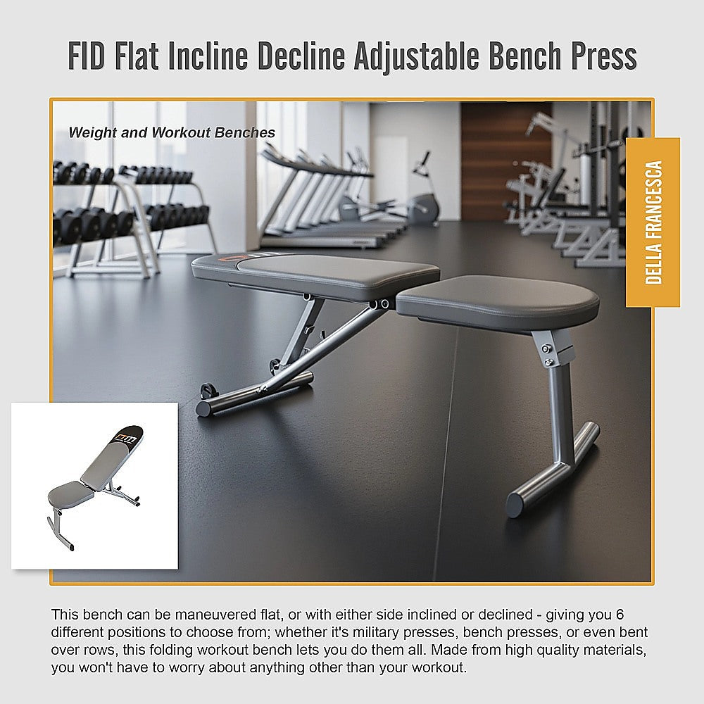 Adjustable FID flat incline decline gym bench from Online Fitness Depot, designed for versatile strength training exercises.