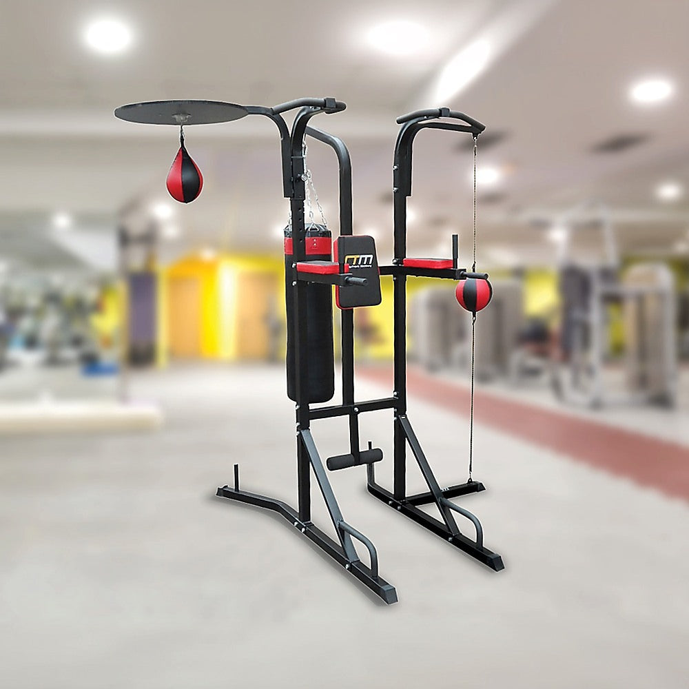 Online Fitness Depot power boxing station stand with speed ball for boxing and martial arts training, shown with punch bag attached.