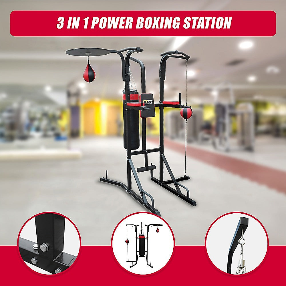 Online Fitness Depot power boxing station stand with speed ball for boxing and martial arts training, shown in a gym setting