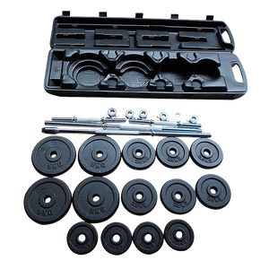 Online Fitness Depot 50kg weight set with barbell and dumbbell plates for gym and weightlifting exercises.