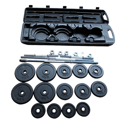 Online Fitness Depot 50kg weight set with barbell and dumbbell plates for gym and weightlifting exercises.