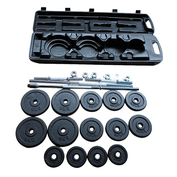 Online Fitness Depot 50kg weight set with barbell and dumbbell plates for gym and weightlifting exercises.