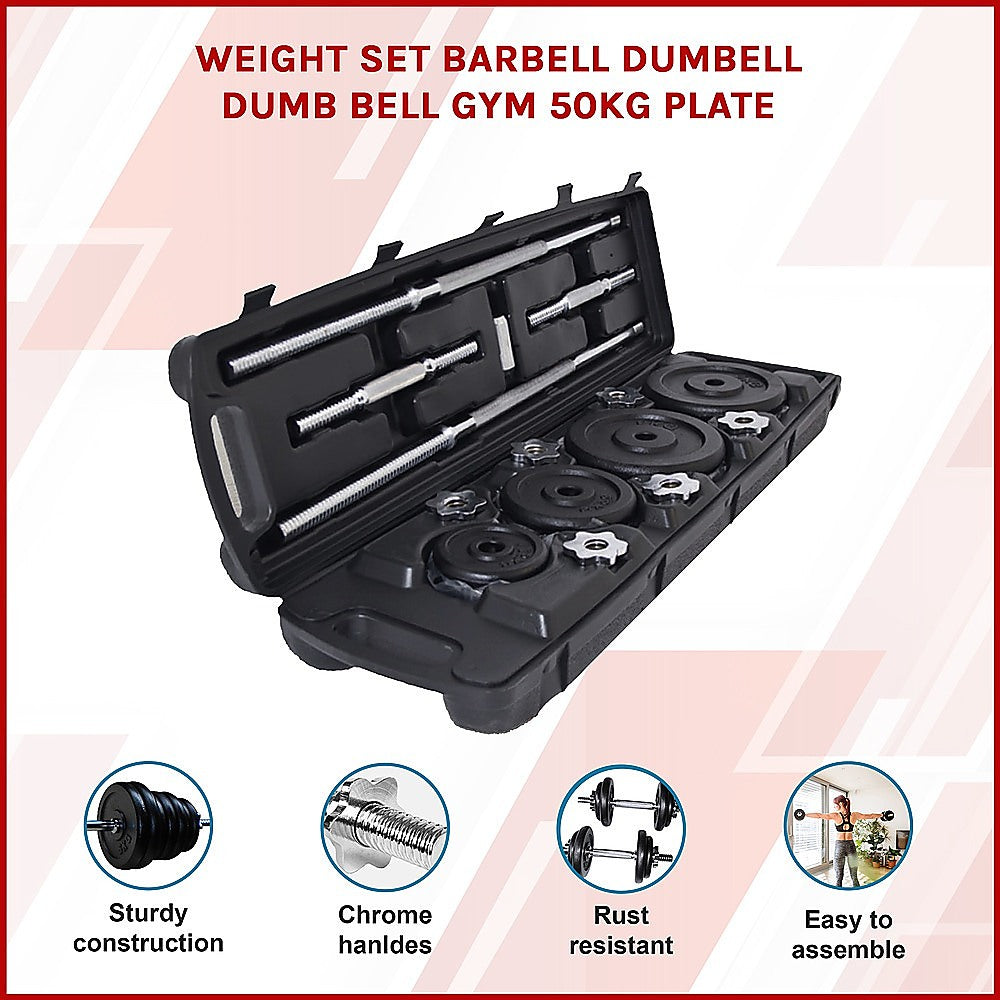Dumbbell weight set with 50kg plates and barbell for gym and weightlifting workouts, displayed in a fitness environment.