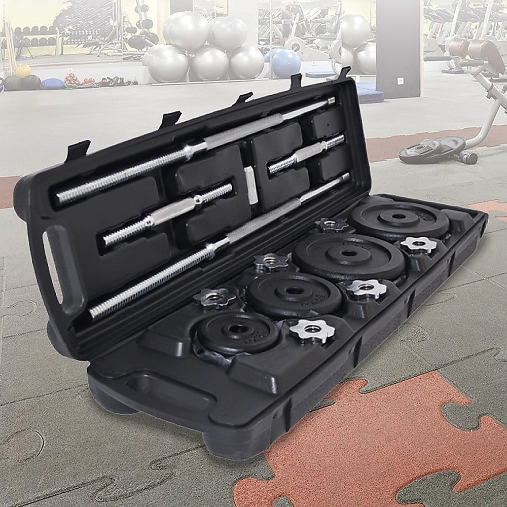 Online Fitness Depot 50kg weight set with barbell and dumbbell plates for gym and weightlifting exercises
