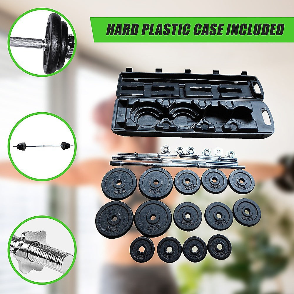 Online Fitness Depot 50kg weight set with barbell and dumbbell plates for gym and weightlifting exercises.