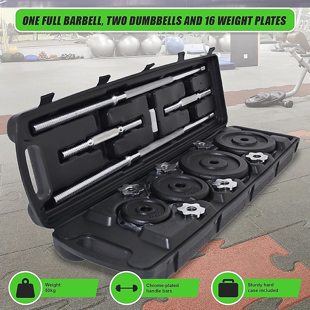 Barbell and dumbbell weight set with 50kg plates from Online Fitness Depot for gym and weightlifting exercises