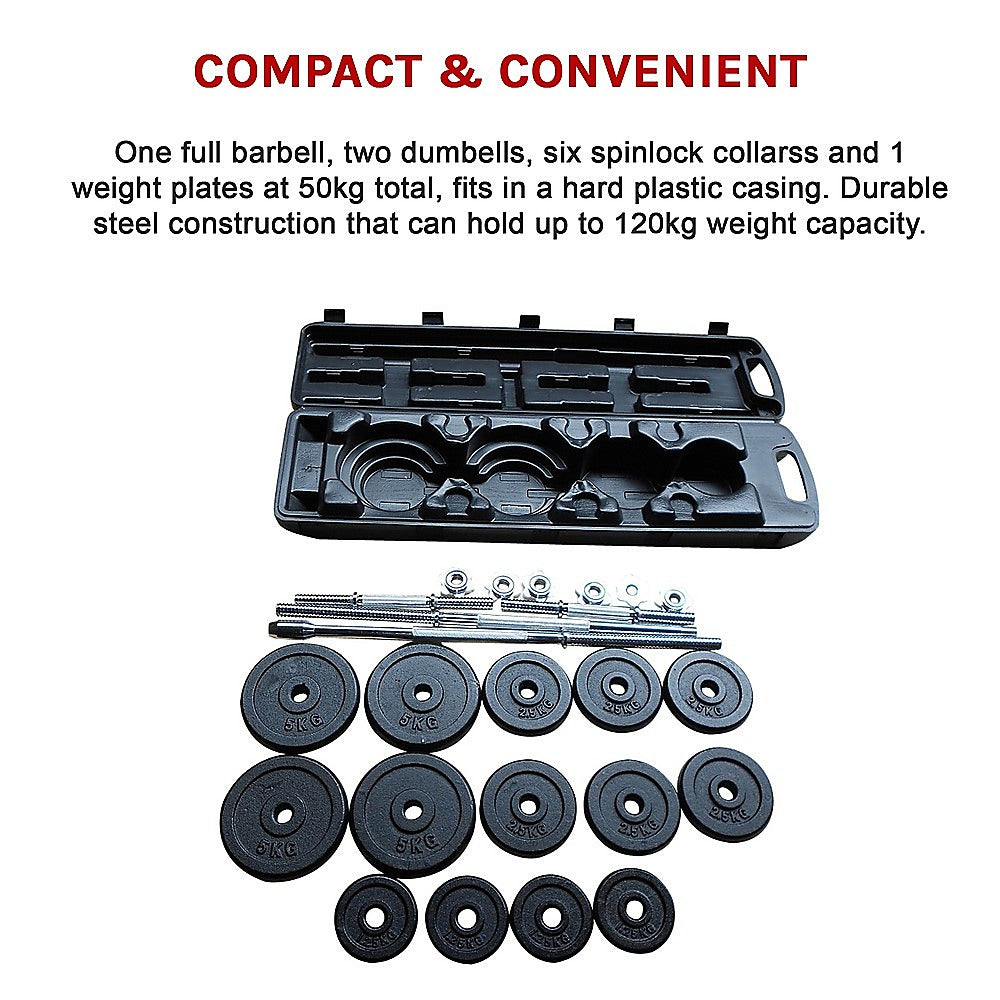 Online Fitness Depot 50kg weight set with barbell and dumbbell plates for gym and weightlifting exercises.