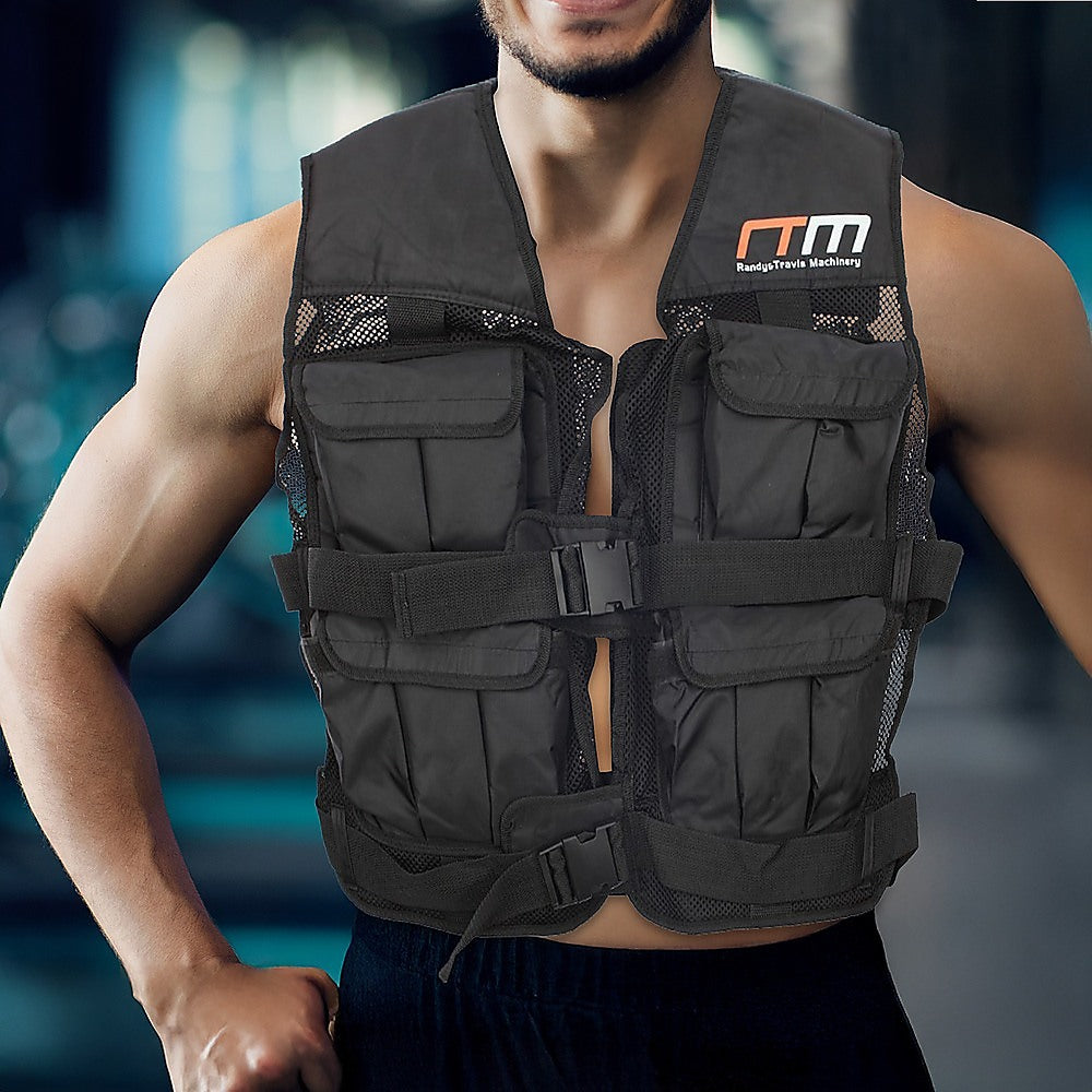 Black 20lbs weighted gym vest from Online Fitness Depot, designed for exercise and weight training workouts.
