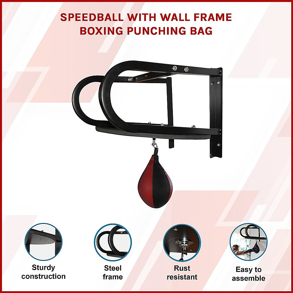 Speedball boxing punching bag with wall frame for home gym training, includes adjustable speedball for boxing and martial arts workouts.