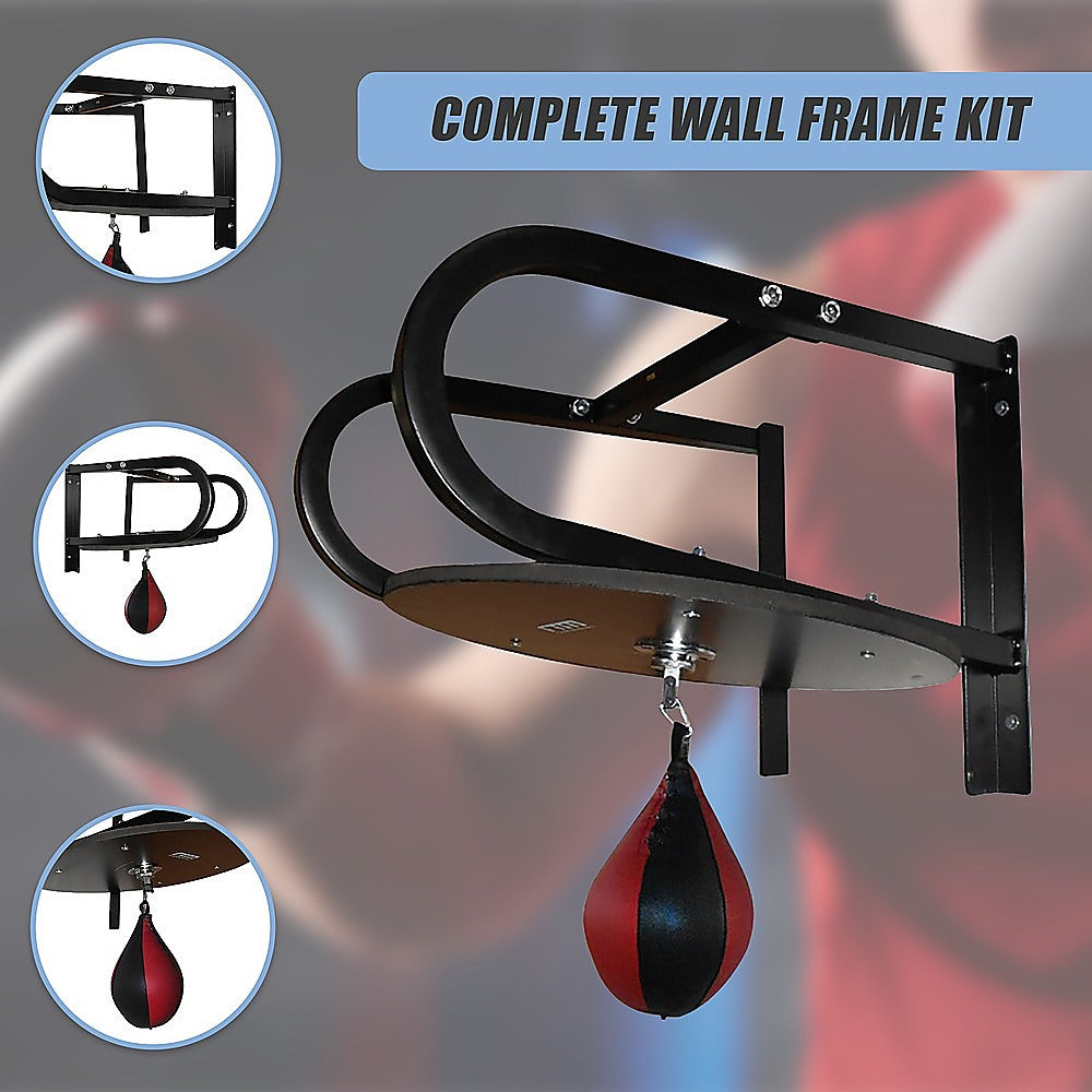 Speedball boxing punching bag with wall frame for home gym training, featuring a durable speedball and sturdy mounting system.