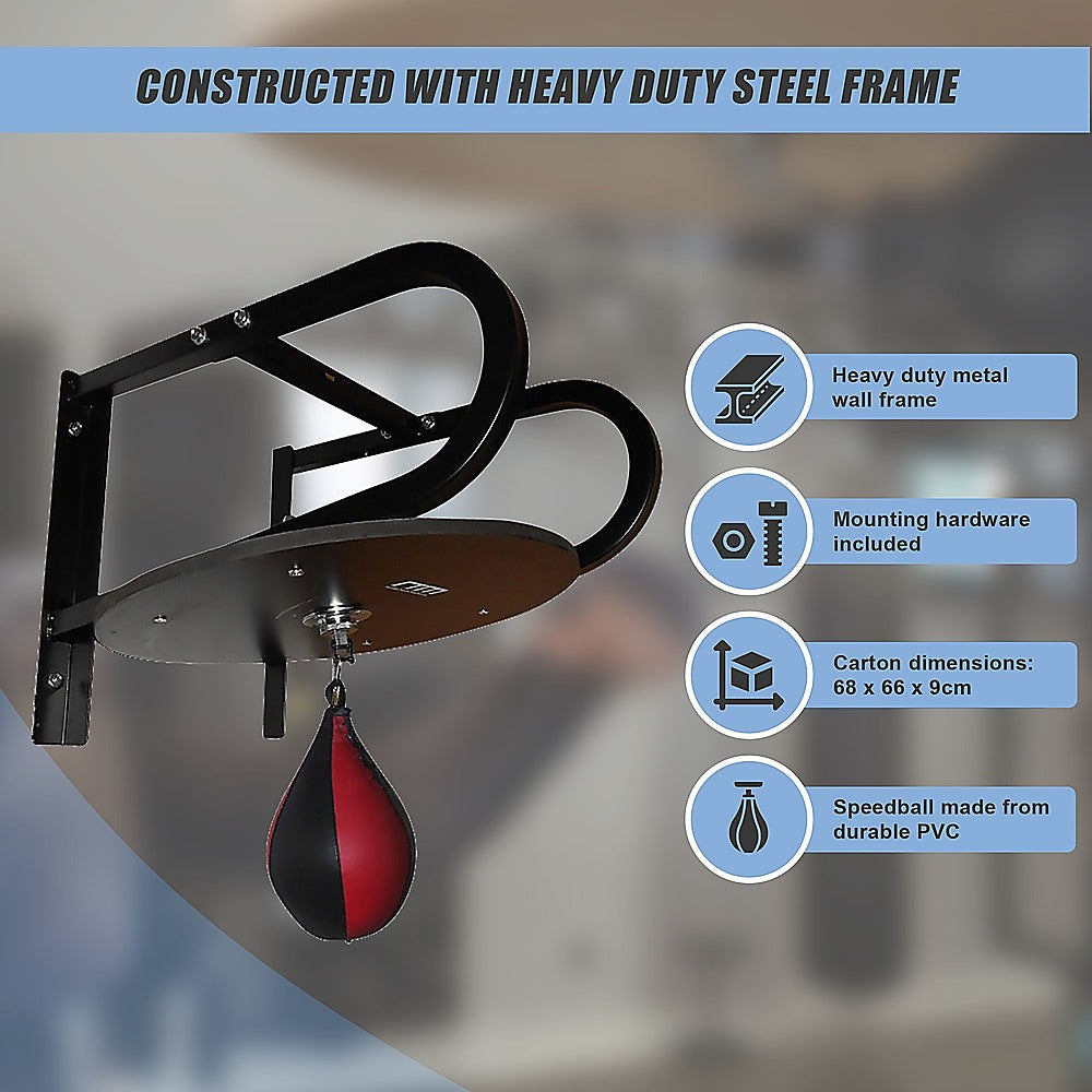 Speedball punching bag with wall frame for boxing training, mounted on a wall in a home gym setting.