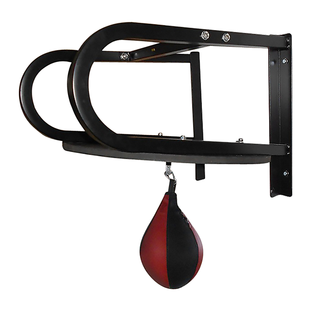 Speedball boxing punching bag with wall frame for home gym training, featuring a compact sports and fitness setup for boxing practice.