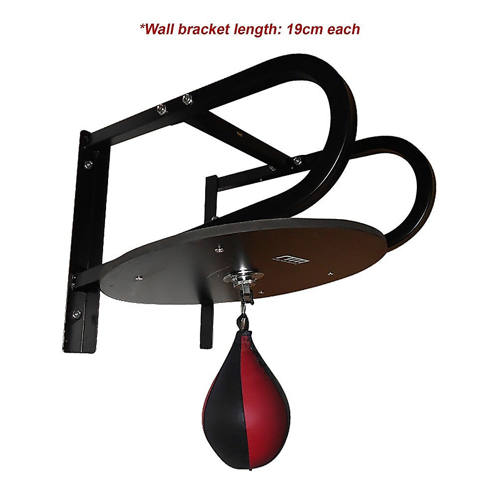 Speedball boxing punching bag with wall frame for home gym training, featuring a durable speedball and sturdy mounting system.
