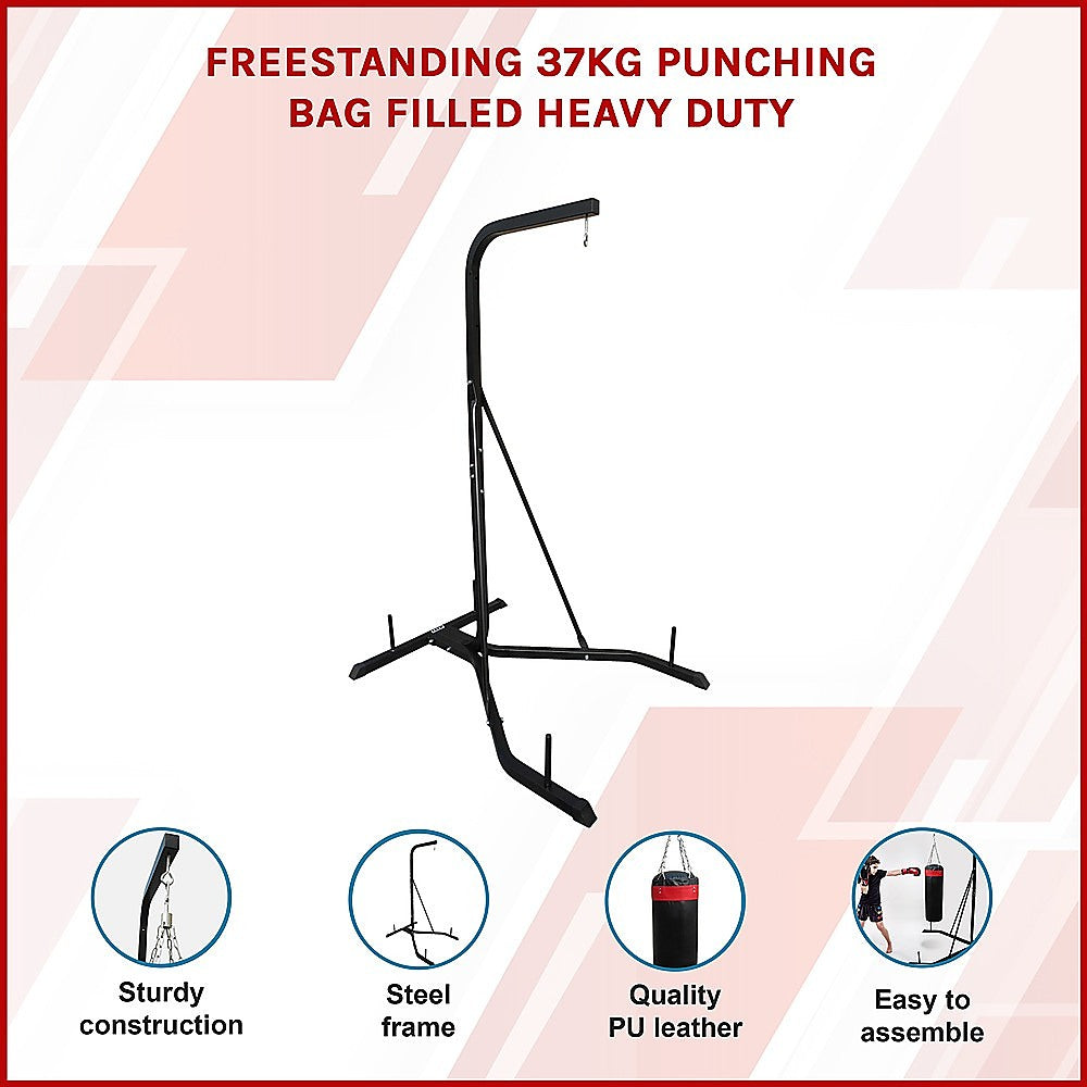 Heavy-duty freestanding 37kg punching bag from Online Fitness Depot, filled for boxing and martial arts training.