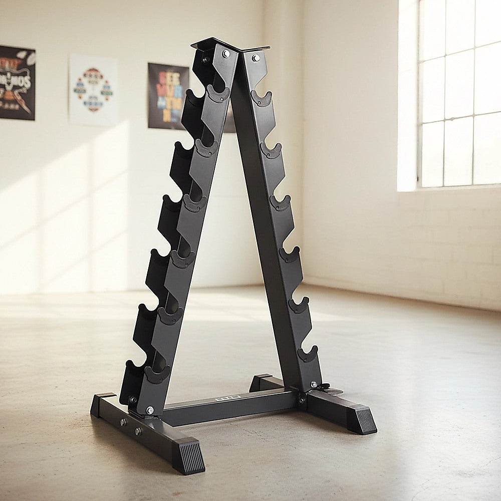 Steel vertical dumbbell rack by Online Fitness Depot holding multiple dumbbells for gym organization and strength training.