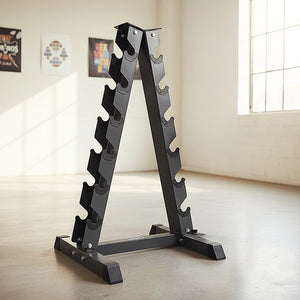 Steel vertical dumbbell rack by Online Fitness Depot holding multiple dumbbells for gym organization and strength training.
