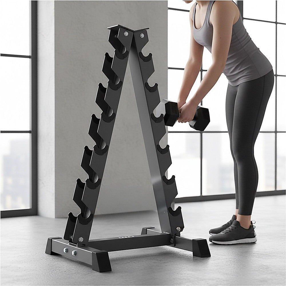 Steel vertical dumbbell rack by Online Fitness Depot with multiple slots for organizing and storing dumbbells efficiently.