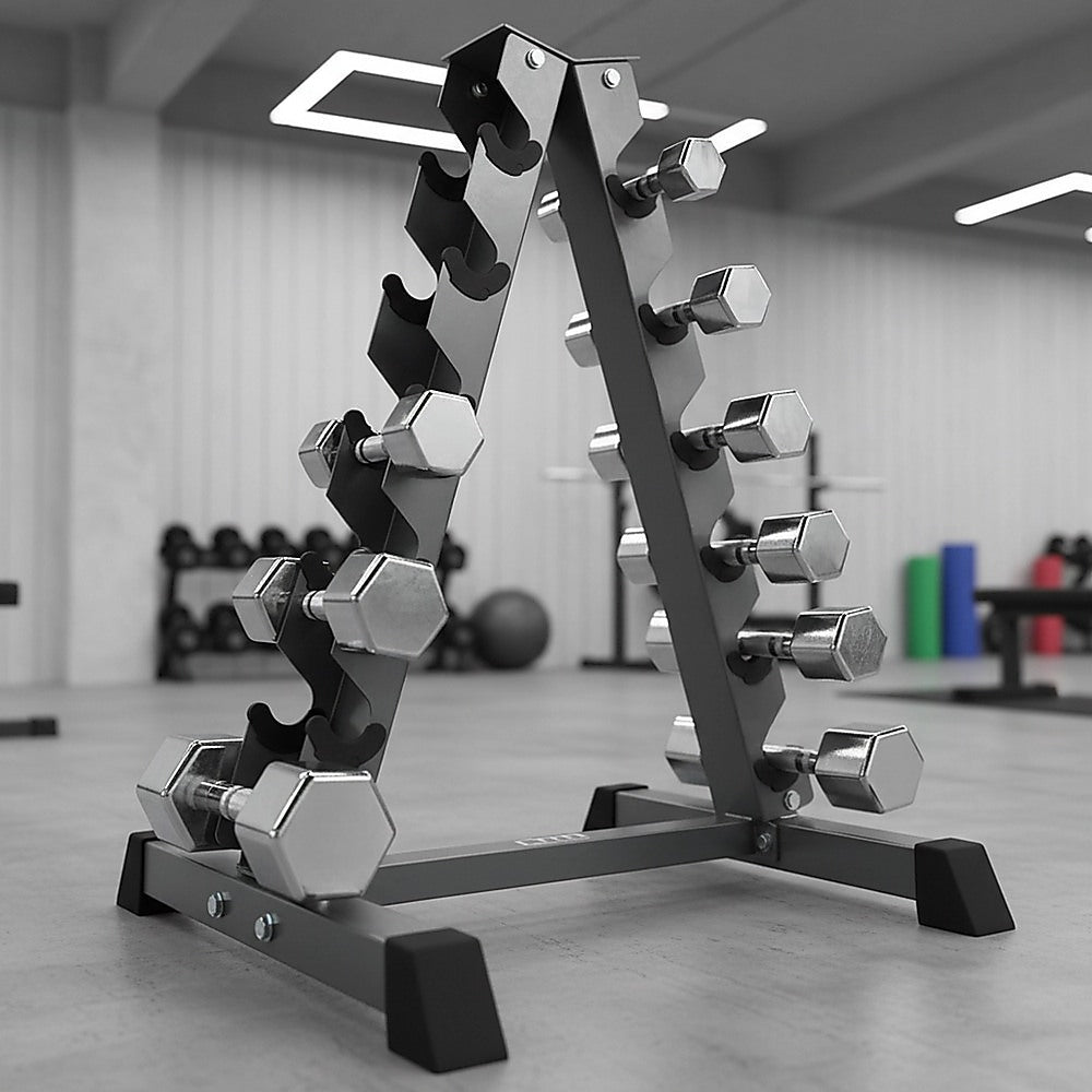 Steel vertical dumbbell rack from Online Fitness Depot with multiple slots for storing workout dumbbells in a gym setting.