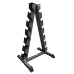 Steel vertical dumbbell rack by Online Fitness Depot holding multiple black dumbbells for gym and fitness training.