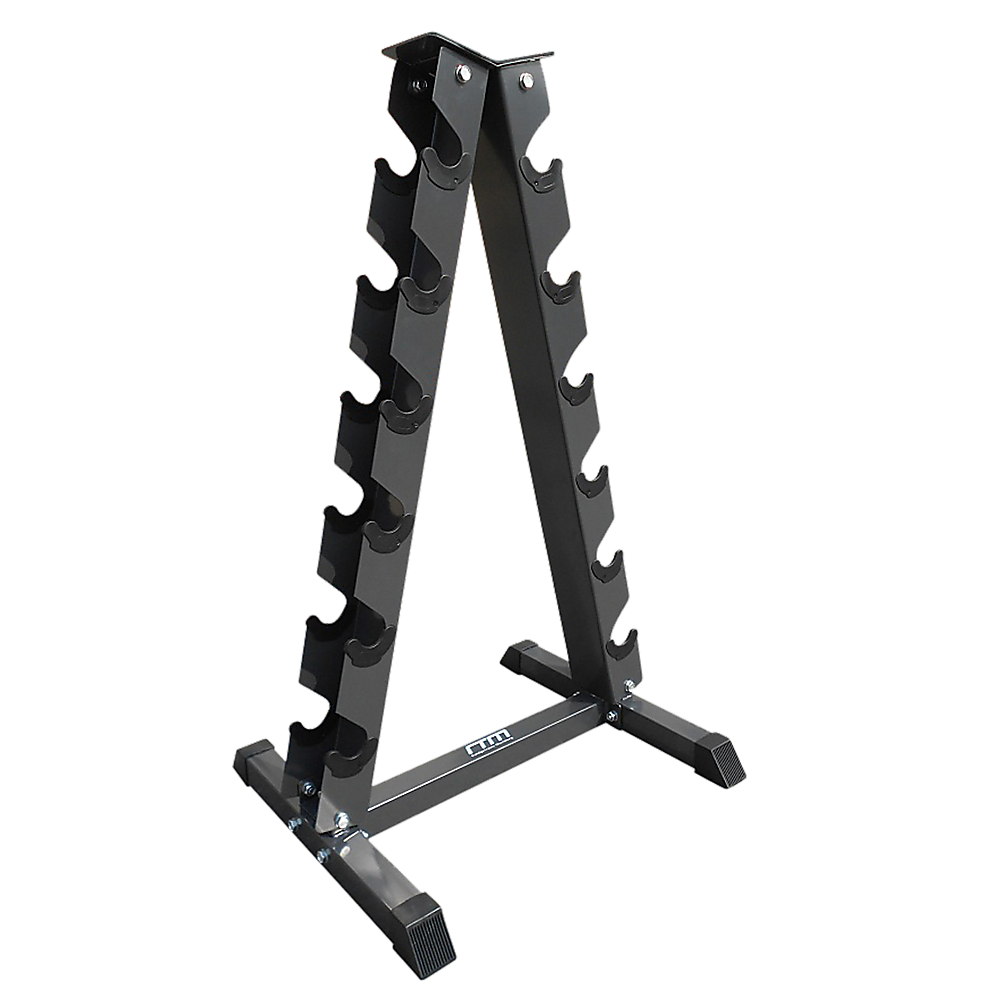 Steel vertical dumbbell rack by Online Fitness Depot holding multiple black dumbbells for gym and fitness training.