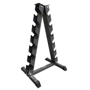 Steel vertical dumbbell rack by Online Fitness Depot holding multiple black dumbbells for gym and fitness training.