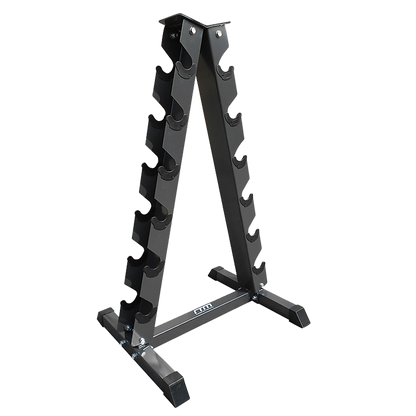 Steel vertical dumbbell rack by Online Fitness Depot holding multiple black dumbbells for gym and fitness training.