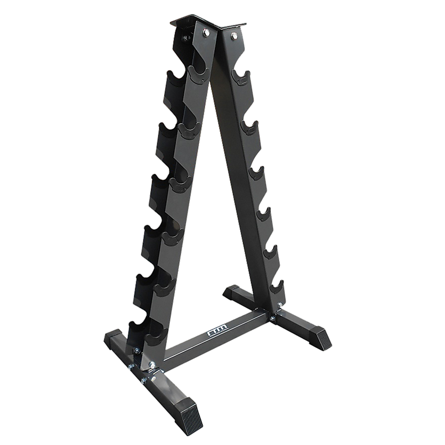 Steel vertical dumbbell rack by Online Fitness Depot holding multiple black dumbbells for gym and fitness training.