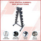 Steel vertical dumbbell rack from Online Fitness Depot with multiple slots for organizing various weights in a gym setting.