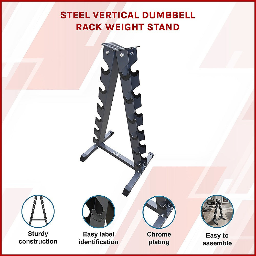 Steel vertical dumbbell rack from Online Fitness Depot with multiple slots for organizing various weights in a gym setting.