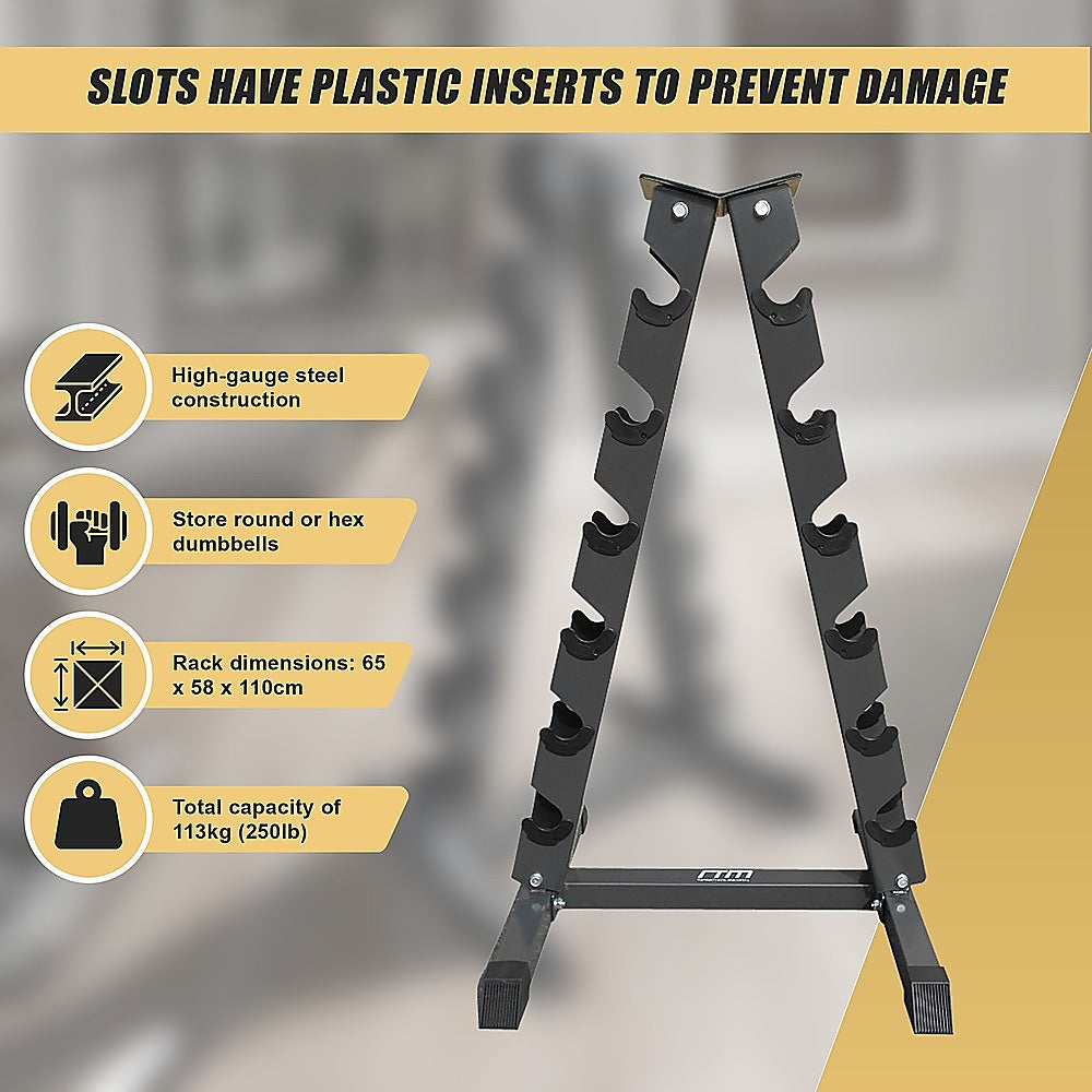 Steel vertical dumbbell rack from Online Fitness Depot with multiple slots for organizing gym dumbbells.
