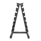 Steel vertical dumbbell rack from Online Fitness Depot with multiple slots for organizing gym weights.