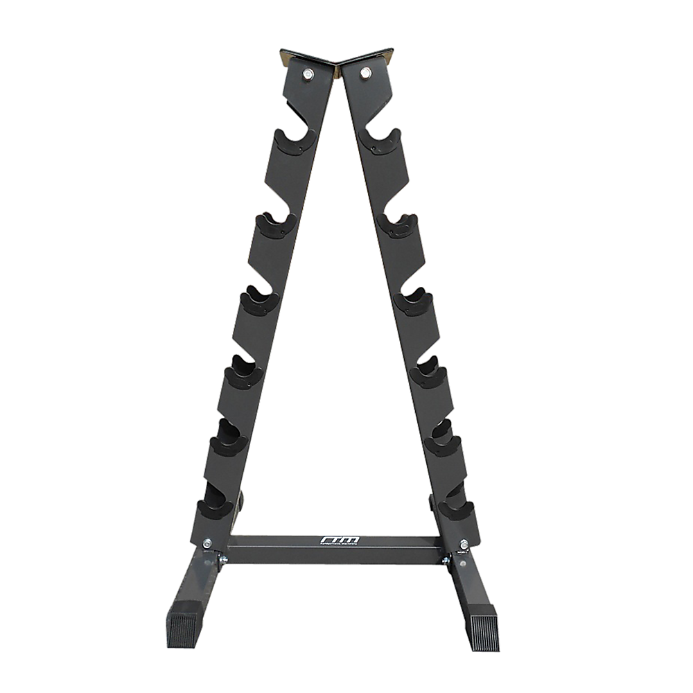 Steel vertical dumbbell rack from Online Fitness Depot with multiple slots for organizing gym weights.