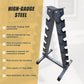 Steel vertical dumbbell rack by Online Fitness Depot with multiple slots for organizing dumbbells in a gym or home workout space.