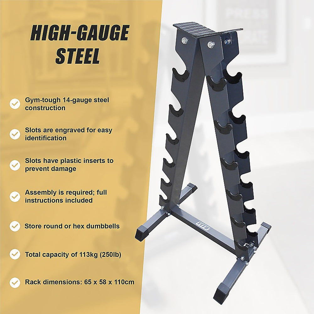 Steel vertical dumbbell rack by Online Fitness Depot with multiple slots for organizing dumbbells in a gym or home workout space.