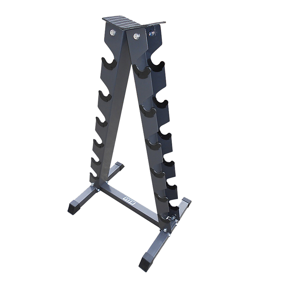 Steel vertical dumbbell rack from Online Fitness Depot with multiple slots for storing and organizing dumbbells in a gym setting.