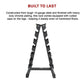 Steel vertical dumbbell rack by Online Fitness Depot holding various size dumbbells for gym and fitness training.