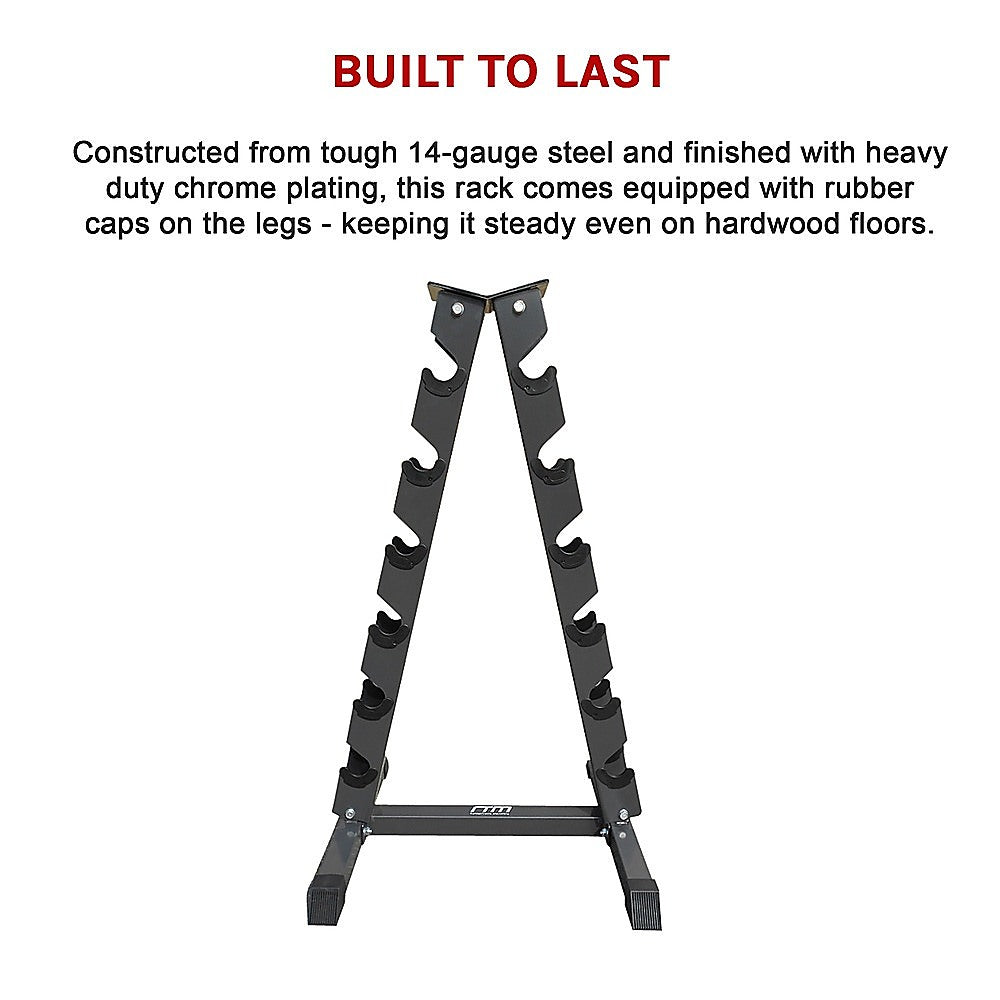 Steel vertical dumbbell rack by Online Fitness Depot holding various size dumbbells for gym and fitness training.