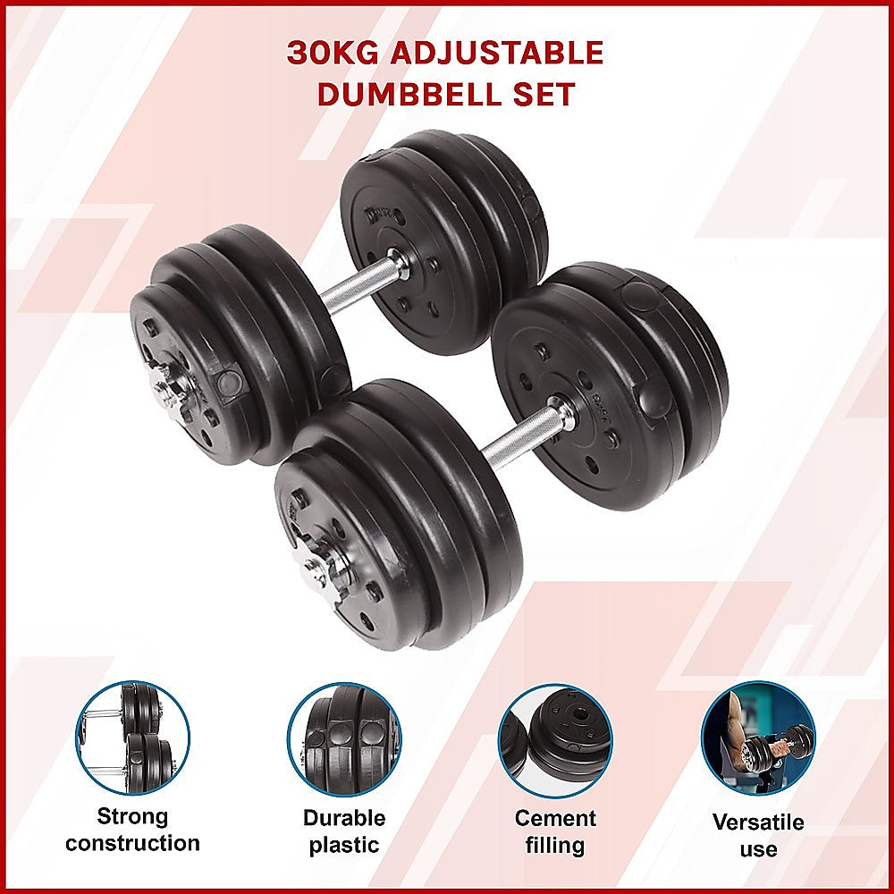 Adjustable 30kg dumbbell set from Online Fitness Depot for home gym strength and fitness training, with weight plates and handle.