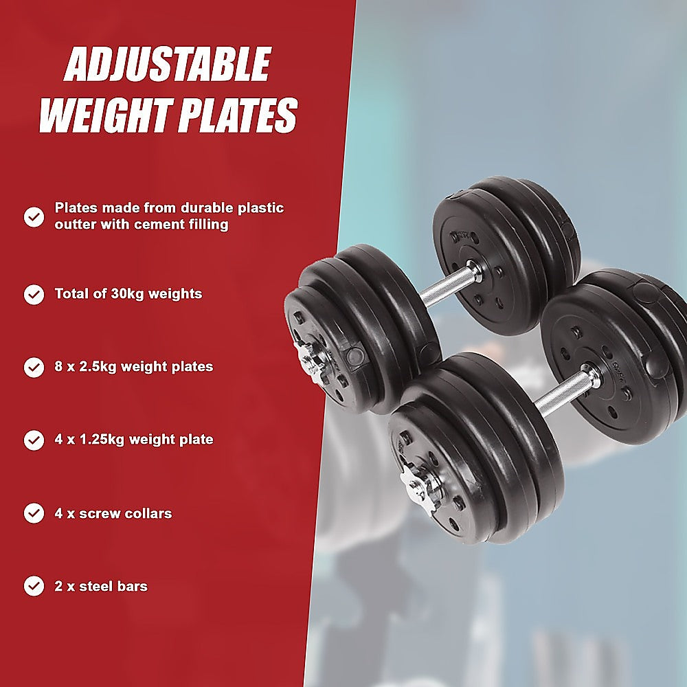 Adjustable 30kg dumbbell set by Online Fitness Depot with weight plates and handle for home gym strength training.