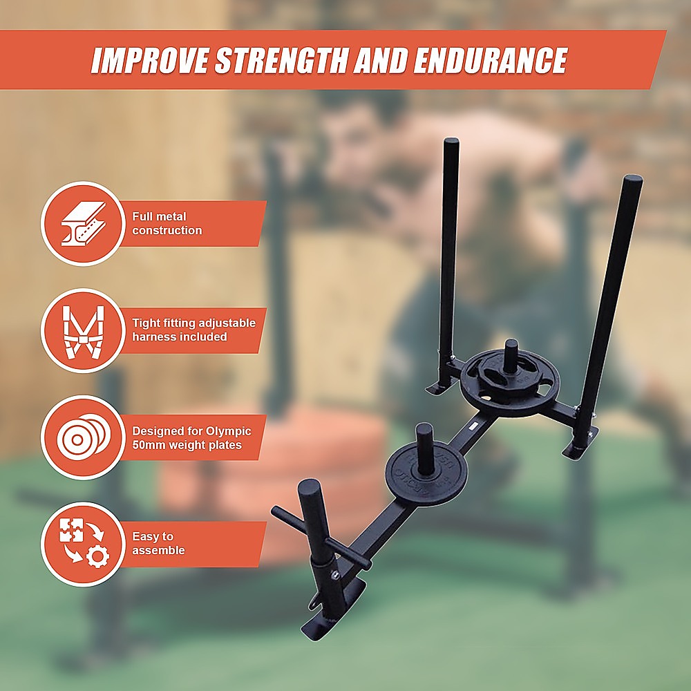 Heavy duty gym sled with harness from Online Fitness Depot, used for strength training and resistance exercises in fitness workouts.