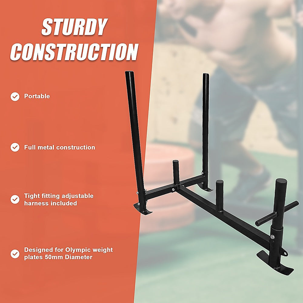 Heavy duty gym sled with harness from Online Fitness Depot, suitable for strength training and functional fitness workouts.