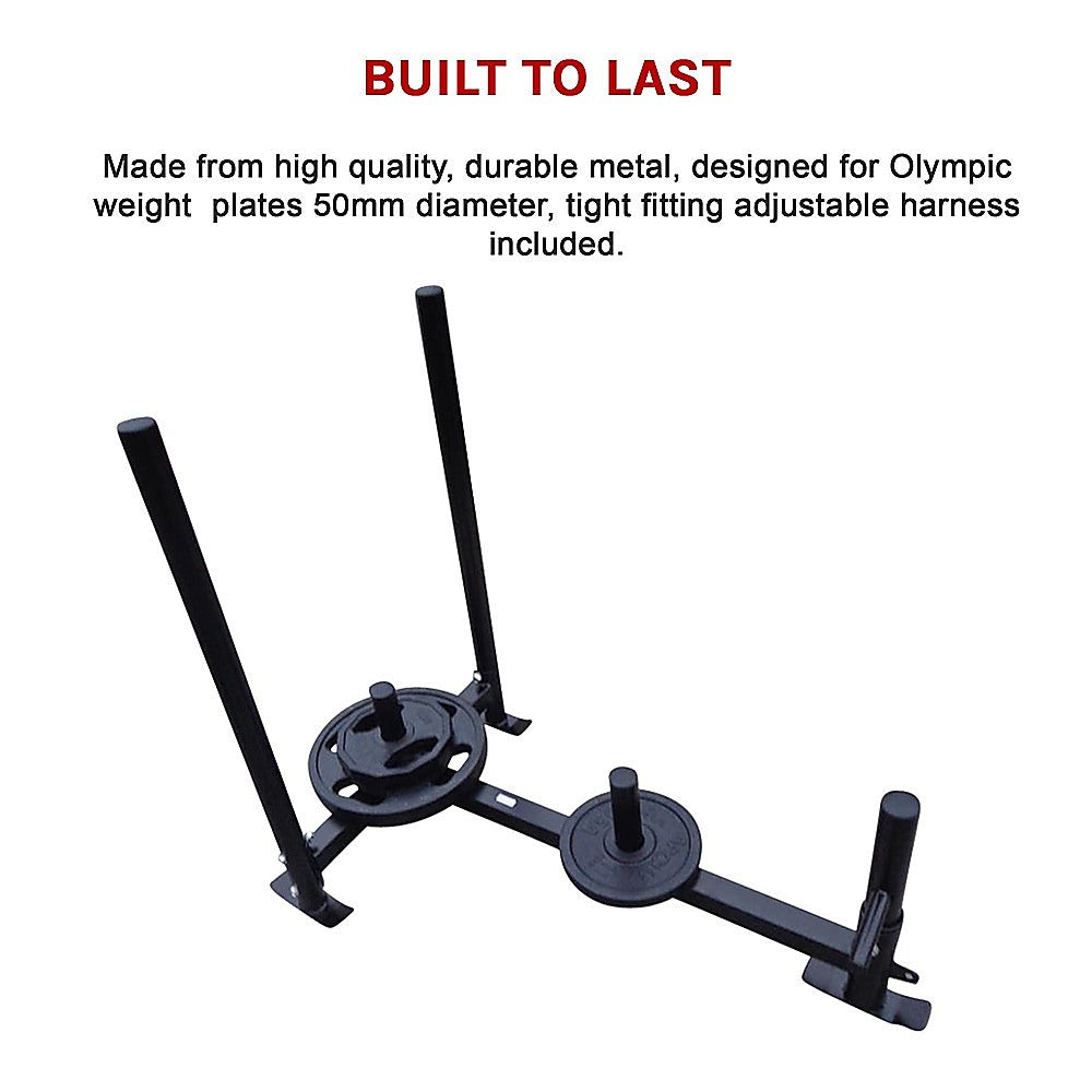 Heavy duty gym sled with harness for strength training and resistance exercises, designed for durable outdoor and indoor workouts.