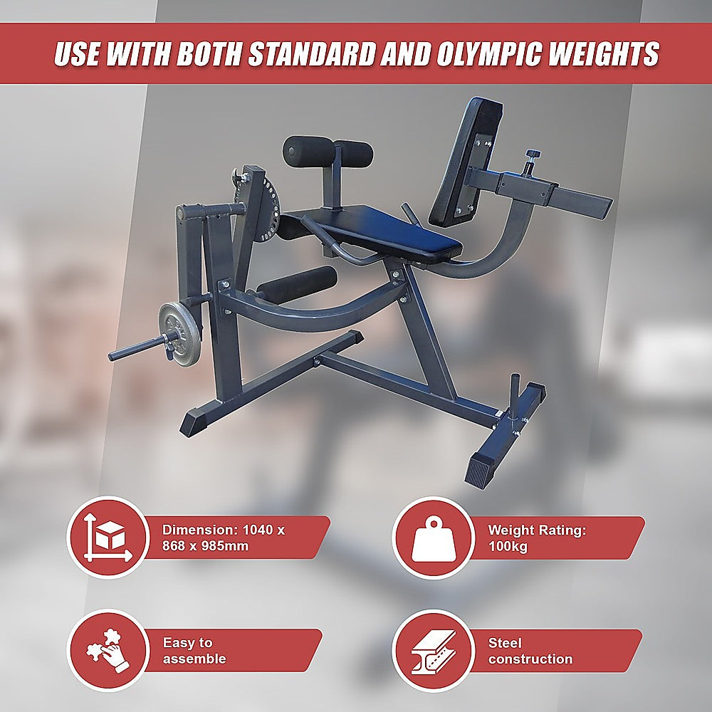 Adjustable leg extension curl machine for home gym, showing padded seat and leg supports for quad and hamstring workouts.